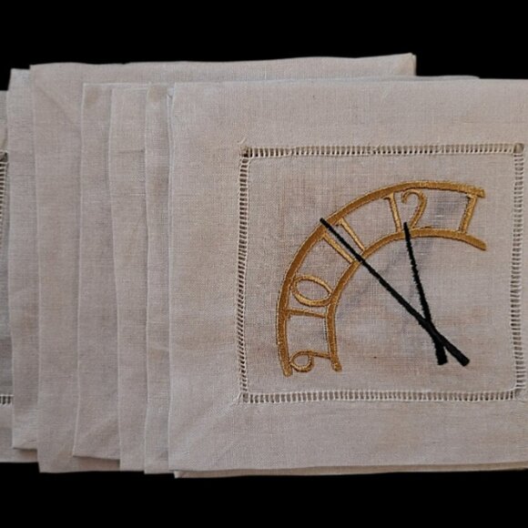 8 New Embroidered Linen Cocktail Napkin Clock Face Metallic Thread Excellent - Picture 5 of 5